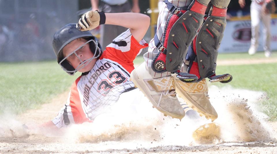 Middleboro 12U Nationals Reece Trottier scores the game's first run versus Pittsfield at Dunn Little League Complex at Hollingsworth Park in Braintree on Saturday, July 30, 2022.