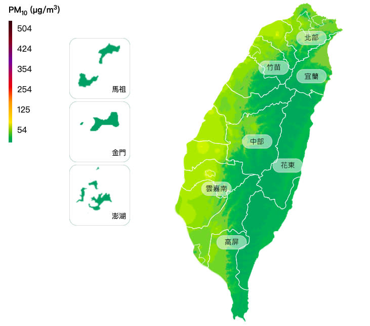 今（18）日PM10全國空氣指標。   圖：擷取自環保署空氣品質監測網