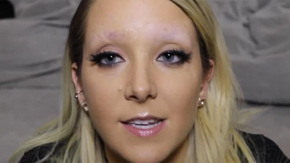 Jenna Marbles shaves off her brows. Source: YouTube