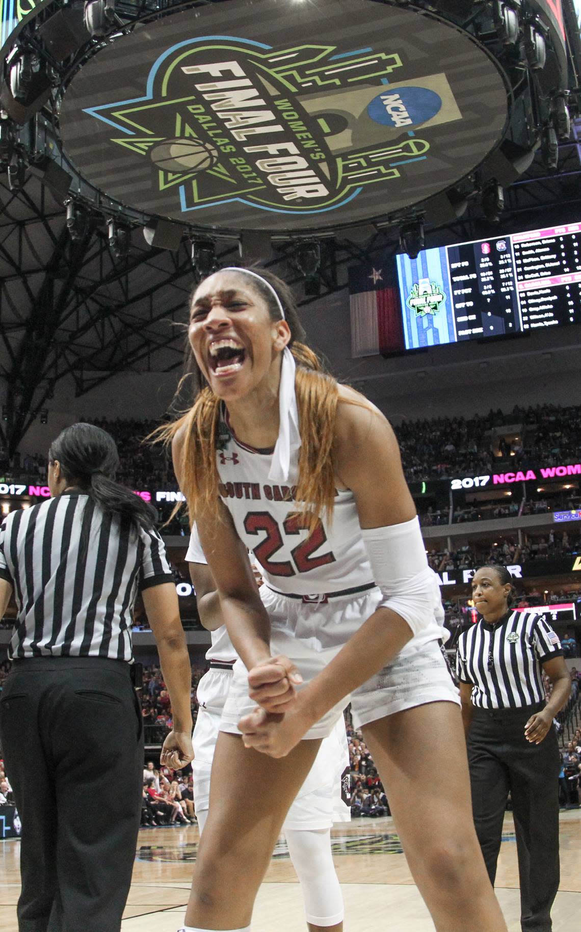 South Carolina’s A’ja Wilson (22) celebrates during the Final Four game in 2017 against Stanford at the American Airlines Arena in Dallas. The Gamecocks went on to win the national championship.