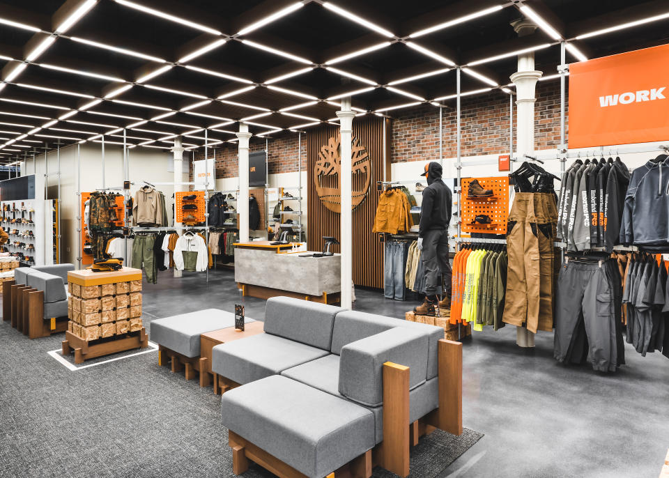 The Timberland Pro workwear collection is highly visible in the store.