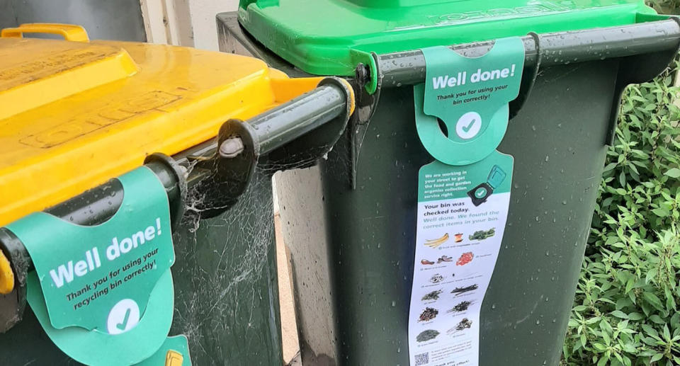 Green and yellow bins in Melbourne with the green bin tag.