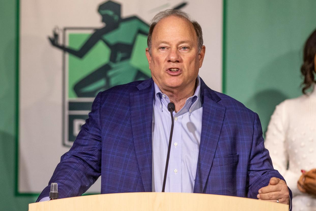 Detroit Mayor Mike Duggan speaks about a plan to increase city of Detroit employee wages to a minimum of $15 at the Detroit Public Safety Headquarters in Detroit on Feb. 9, 2022.