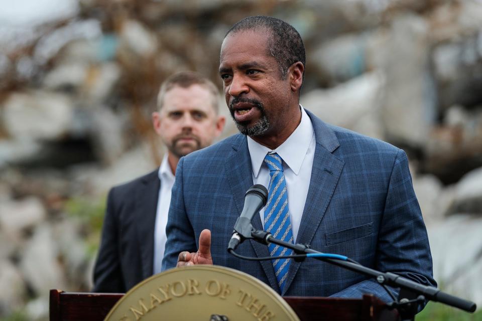 City Councilman Scott Benson speaks at a press conference outside of the vacant Cadillac Stamping Plant in Detroit, June 2, 2021.