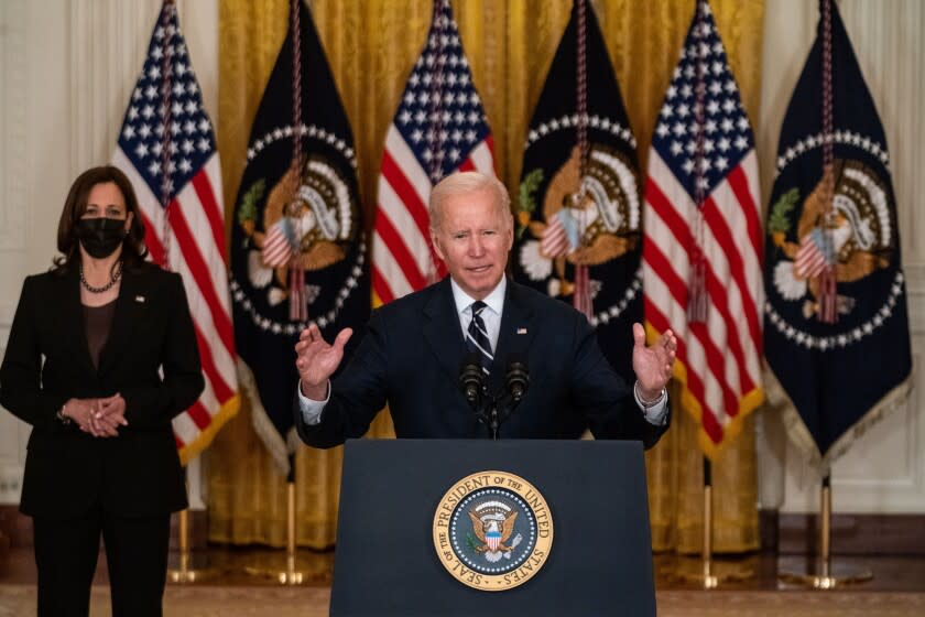 WASHINGTON, DC - OCTOBER 28: President Joe Biden delivers remarks on his "Build Back Better" agenda from the East Room of the White House after meeting with members of the House Democratic Caucus at the U.S. Capitol earlier in the day on Thursday, Oct. 28, 2021 in Washington, DC. (Kent Nishimura / Los Angeles Times)