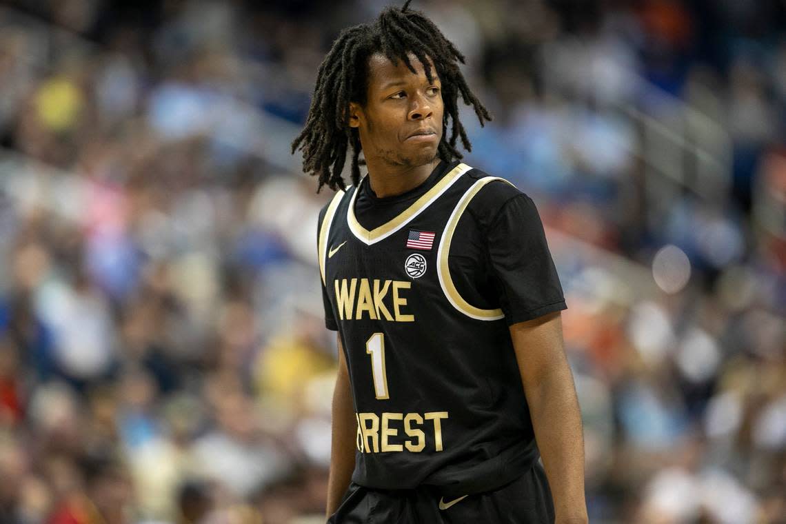 Wake Forest’s Tyree Appleby (1) reacts during the final minute of play against Miami in the third round of the ACC Tournament on Thursday, March 9, 2023 at the Greensboro Coliseum in Greensboro, N.C. Appleby lead all scores with 24 points in Wake’s 74-72 loss.