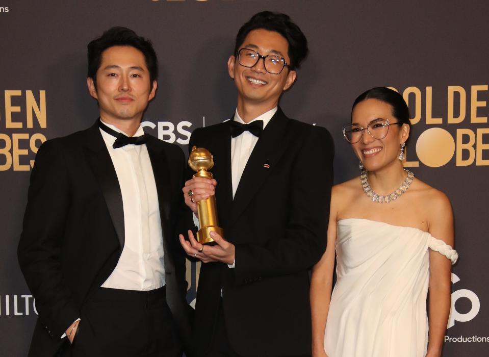 Steven Yeun (far right), Lee Sung Jin and Ali Wong took home three Golden Globes for their Netflix show "Beef."