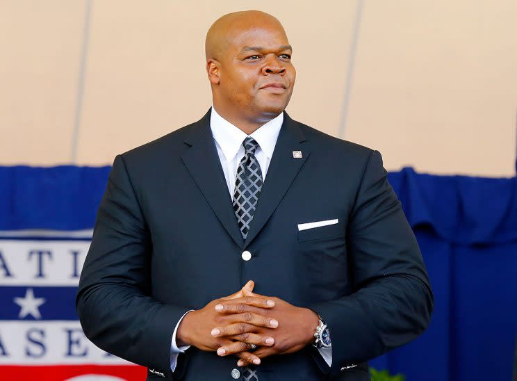 COOPERSTOWN, NY - JULY 27: Inductee Frank Thomas looks on at Clark Sports Center during the Baseball Hall of Fame induction ceremony on July 27, 2014 in Cooperstown, New York. (Photo by Jim McIsaac/Getty Images)