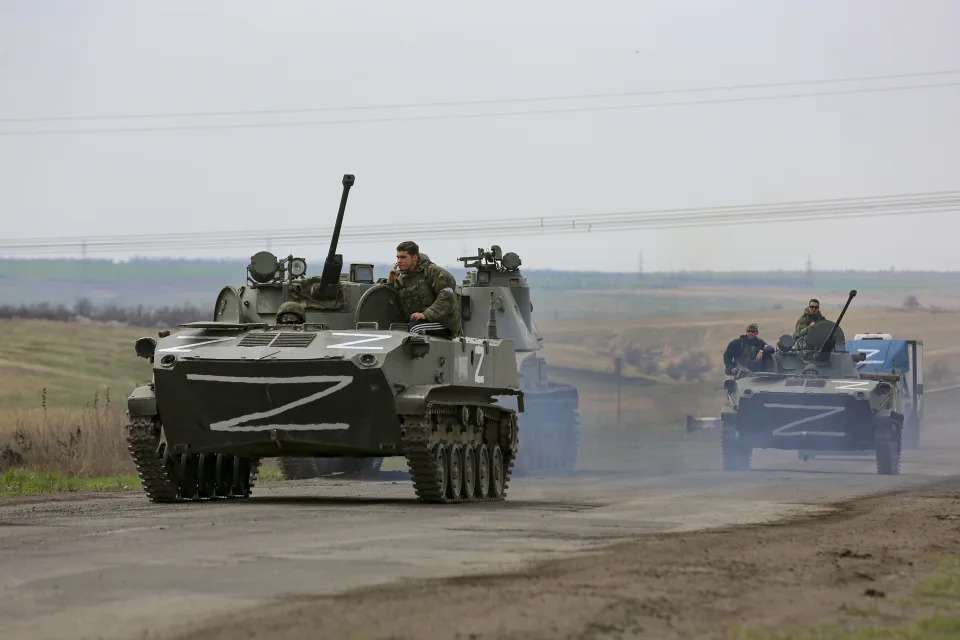 Russian military vehicles in an area controlled by Russian-backed separatist forces near Mariupol.