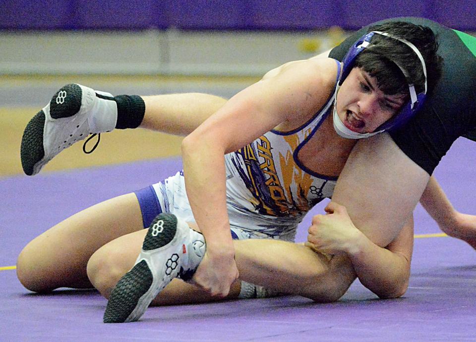 Watertown's Braden Le aims for a reversal against Pierre's Hudson Shaffer during their 132-pound match in an Eastern South Dakota Conference wrestling dual on Thursday, Jan. 12, 2023 in the Civic Arena.