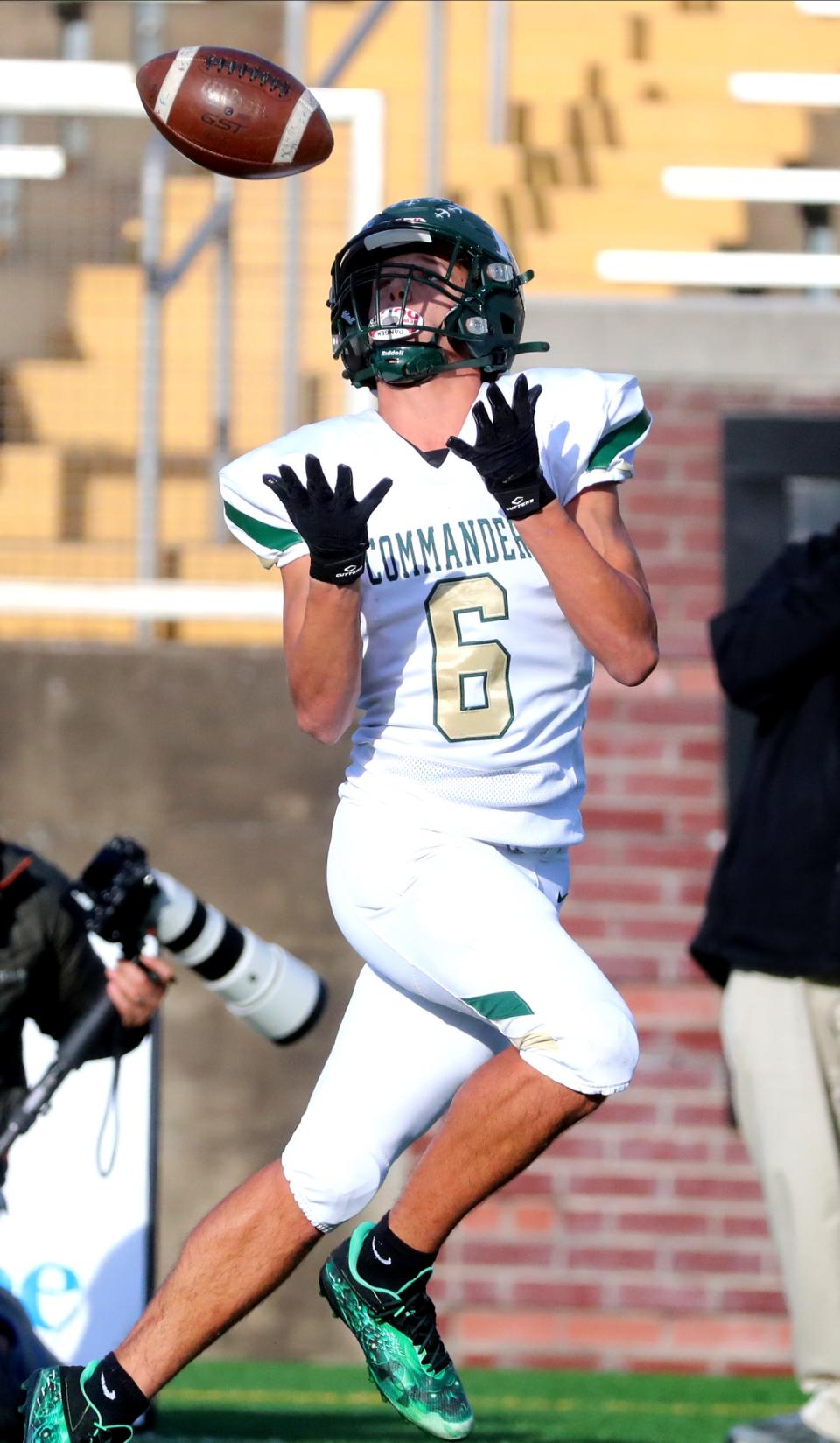 Friendship Christian's Brock Montgomery (6) catches a pass before running the ball in for a touchdown against Nashville Christian during the BlueCross Bowl Division II-A Championship game at Finley Stadium, in Chattanooga, Tenn., on Thursday, Dec. 1, 2022.  