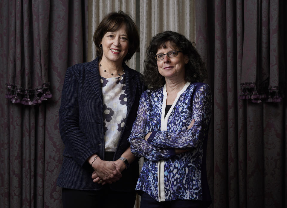 FILE - Betsy West, left, and Julie Cohen, the co-directors of the documentary film "Julia," pose during the Toronto International Film Festival, on Sunday, Sept. 12, 2021, in Toronto. (AP Photo/Chris Pizzello, File)