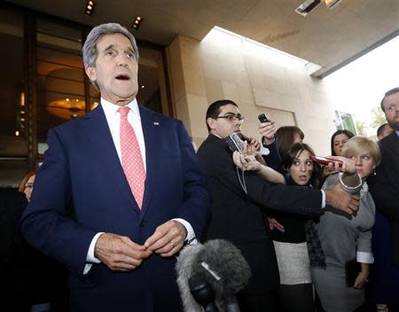 U.S. Secretary of State John Kerry speaks to the press upon his arrival in Geneva, November 8, 2013. REUTERS/Jason Reed