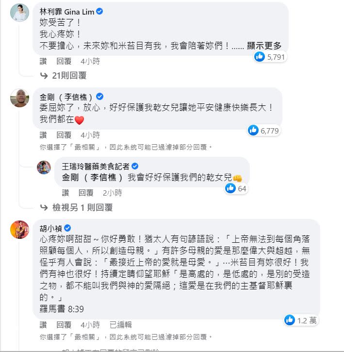 ▲林利霏、金剛、小禎等人在小甜甜臉書留言，表達支持之意。（圖／翻攝自小甜甜FB）