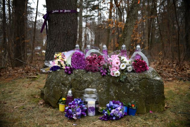 A memorial for Jennifer Dulos is seen on Jan. 28, 2020, in Farmington.