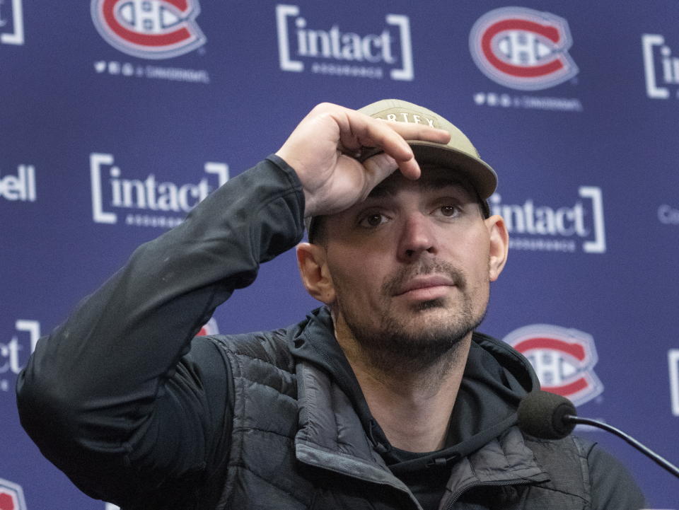 Montreal Canadiens goaltender Carey Price speaks to the media at the team's practice facility, Monday, Oct. 24, 2022, in Brossard, Quebec. (Ryan Remiorz/The Canadian Press via AP)