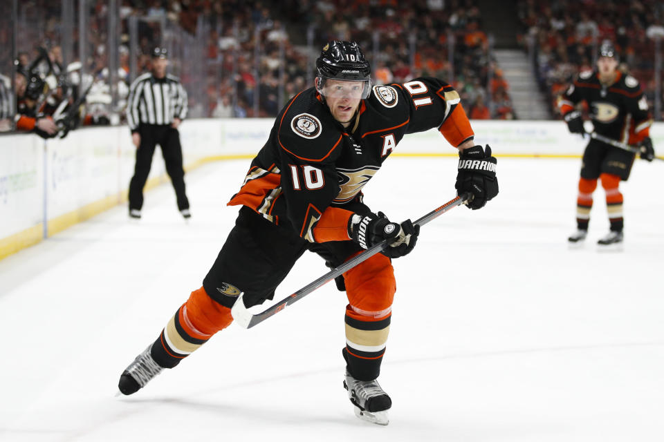 FILE - In this March 18, 2018, file photo, Anaheim Ducks' Corey Perry skates during the second period of an NHL hockey game against the New Jersey Devils, in Anaheim, Calif. The Dallas Stars have moved quickly to restore their forward depth. A person with knowledge of the decision says the Stars have agreed to a deal with veteran winger Corey Perry. The person spoke to The Associated Press on condition of anonymity Monday, July 1, 2019, because the contract has not yet been signed. (AP Photo/Jae C. Hong, File)