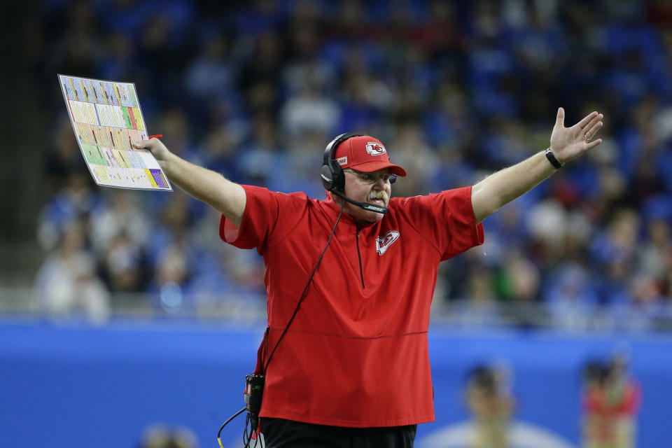 Kansas City Chiefs head coach Andy Reid gestures during the first half of an NFL football game against the Detroit Lions, Sunday, Sept. 29, 2019, in Detroit. (AP Photo/Duane Burleson)