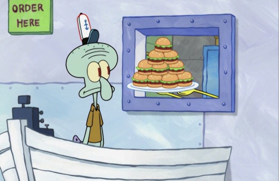 Squidward receives a plate towering with Krabby Patties