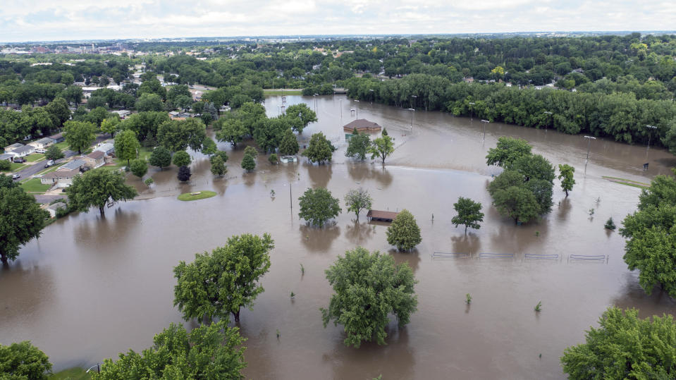 Riverdale Park is underwater in Eastern Sioux Falls, S.D. Saturday, June 22, 2024, after days of heavy rain led to flooding in the area. (AP Photo/Josh Jurgens)