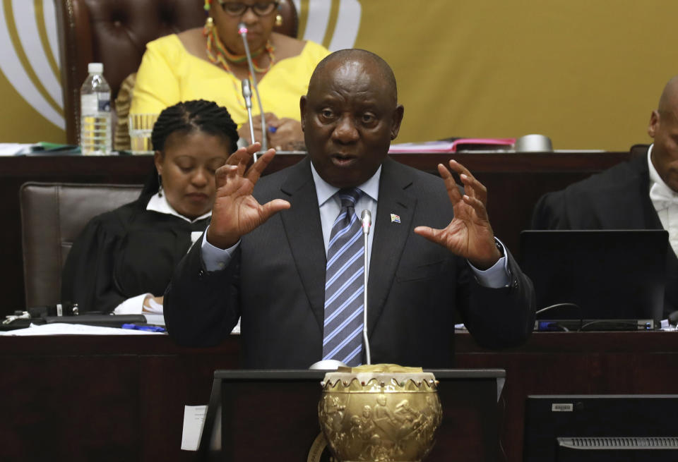 FILE - South African President Cyril Ramaphosa responds to questions in Parliament Cape Town, South Africa, Sept. 29, 2022, where he denied allegations of money laundering while being questioned over a scandal that threatens his position and the direction of Africa's most developed economy. Ramaphosa is fighting for his political future in a dramatic reversal of fortunes for an anti-apartheid icon once admired for tackling the problems of Africa's most developed economy. (AP Photo/Nardus Engelbrecht, File)