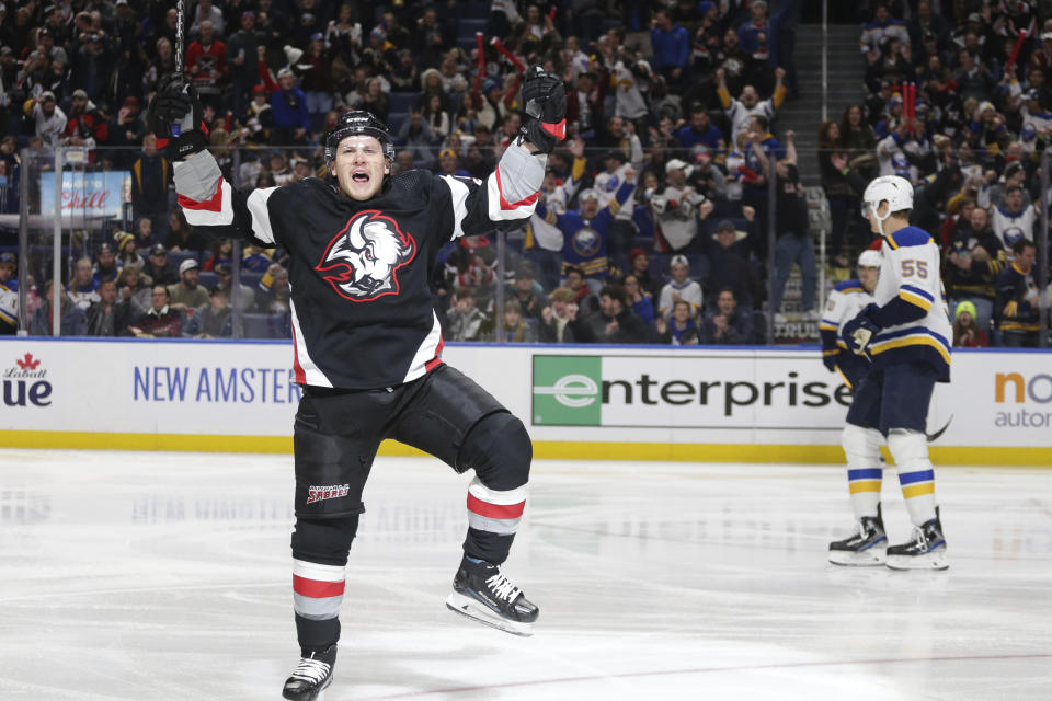 Buffalo Sabres left wing Jeff Skinner (53) celebrates after scoring a goal during the first period of an NHL hockey game against the St. Louis Blues on Wednesday, Nov. 23, 2022, in Buffalo, N.Y. (AP Photo/Joshua Bessex)