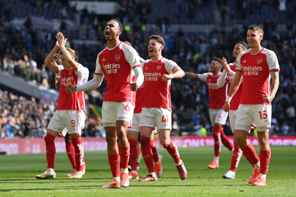 LONDON, ENGLAND - APRIL 28: Gabriel of Arsenal celebrates with the fans after the team's victory during the Premier League match between Tottenham Hotspur and Arsenal FC at Tottenham Hotspur Stadium on April 28, 2024 in London, England. (Photo by Justin Setterfield/Getty Images)