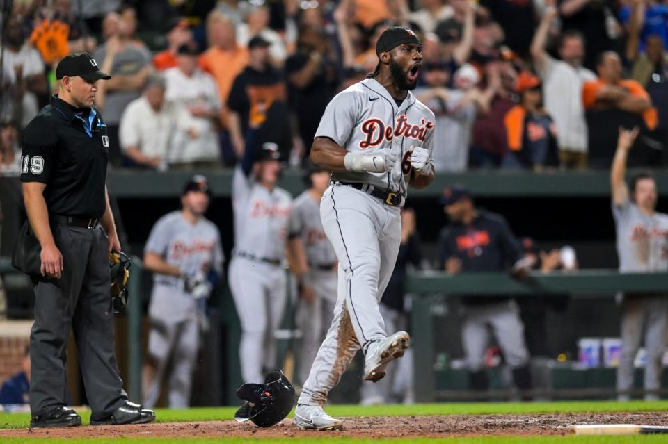 Tigers left fielder Akil Baddoo reacts after scoring in the ninth inning of the Tigers' 2-1 loss on Friday, April 21, 2023, in Baltimore.