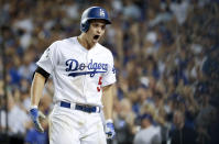 <p>Los Angeles Dodgers’ Corey Seager celebrates after a two-run home run against the Houston Astros during the sixth inning of Game 2 of baseball’s World Series Wednesday, Oct. 25, 2017, in Los Angeles. (AP Photo/Matt Slocum) </p>