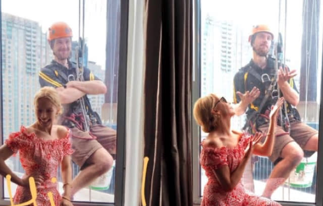 Window cleaner gets a selfie with Kylie at Sydney hotel