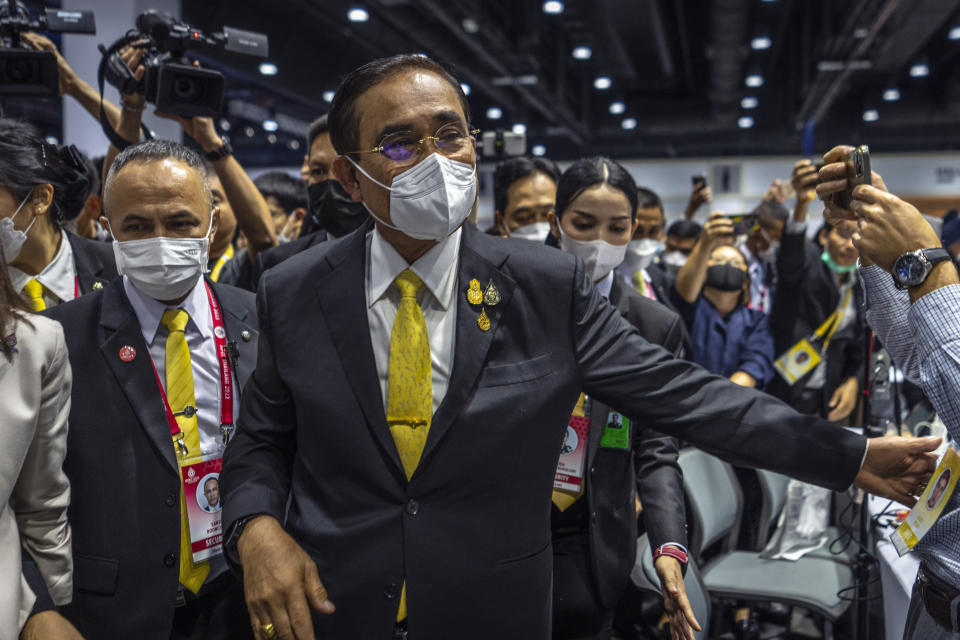 Thai Prime Minister Prayuth Chan-oha meets the journalists at the media centre of the Asia-Pacific Economic Cooperation APEC summit venue, Friday, Nov. 18, 2022, in Bangkok, Thailand. (AP Photo/Anupam Nath)