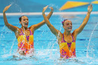 Gagnon Boudreau and Elise Marcotte of Canada compete in the Women's Duets Synchronised Swimming Technical Routine on Day 9 of the London 2012 Olympic Games at the Aquatics Centre on August 5, 2012 in London, England. (Photo by Clive Rose/Getty Images)