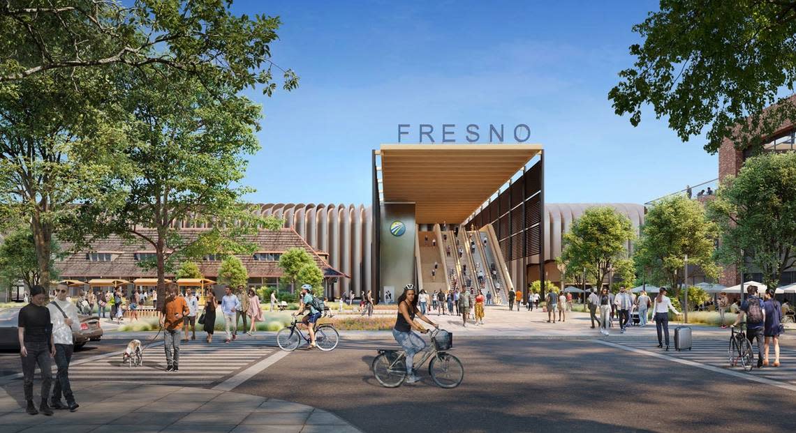 An artist’s rendering shows a possible view of a future high-speed rail passenger station from H Street at Mariposa Street in downtown Fresno.