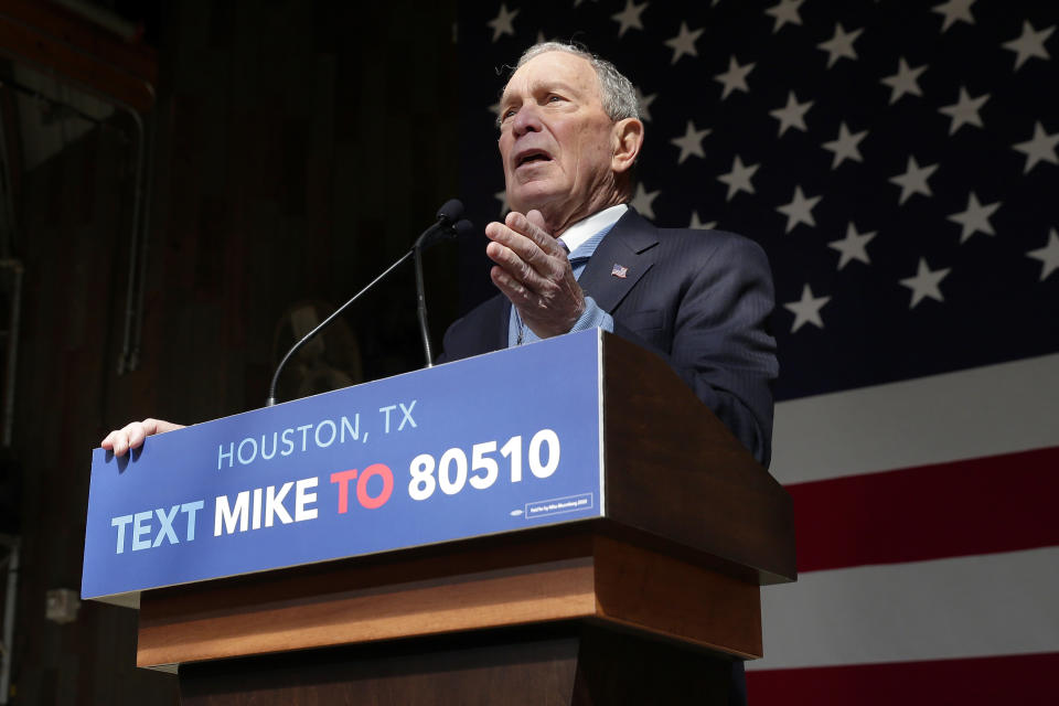 Democratic presidential candidate former New York City Mayor Mike Bloomberg speaks during a campaign event at The Rustic Restaurant, Thursday, February 27, 2020, in Houston. (AP Photo/Michael Wyke)