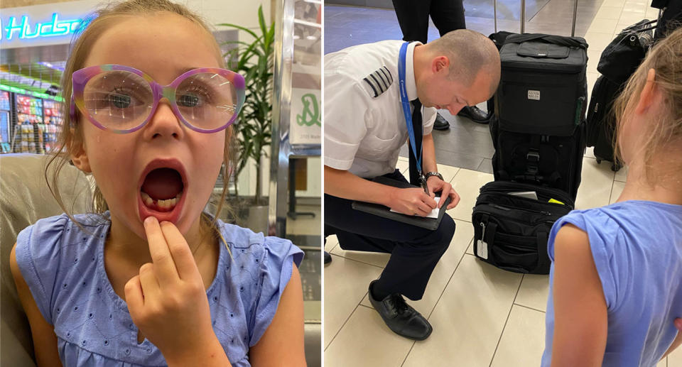 Young girl with missing tooth at airport. Right: plane captain writes her a note.