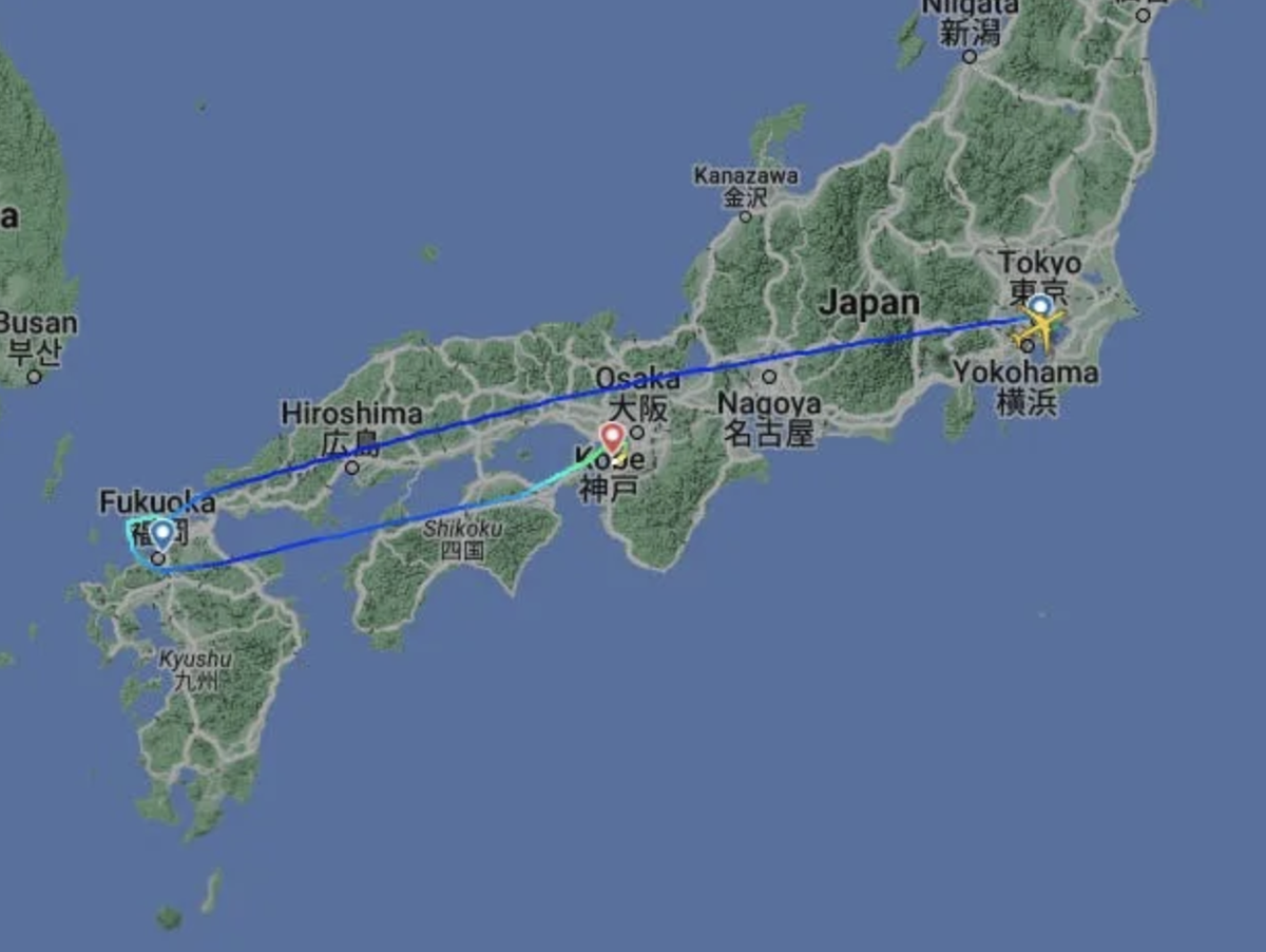 The flight path above shows its route to Osaka, where it stopped for fuel before continuing to Tokyo Haneda (Flight Radar)