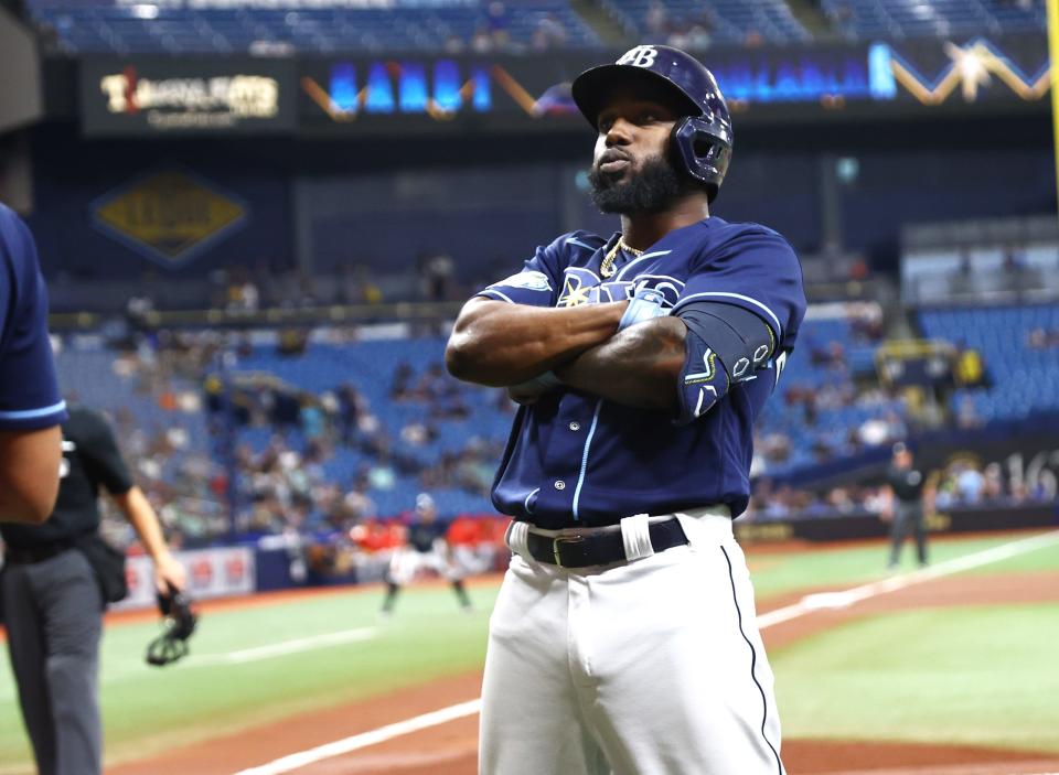 Randy Arozarena celebrates a home run in September 2023.