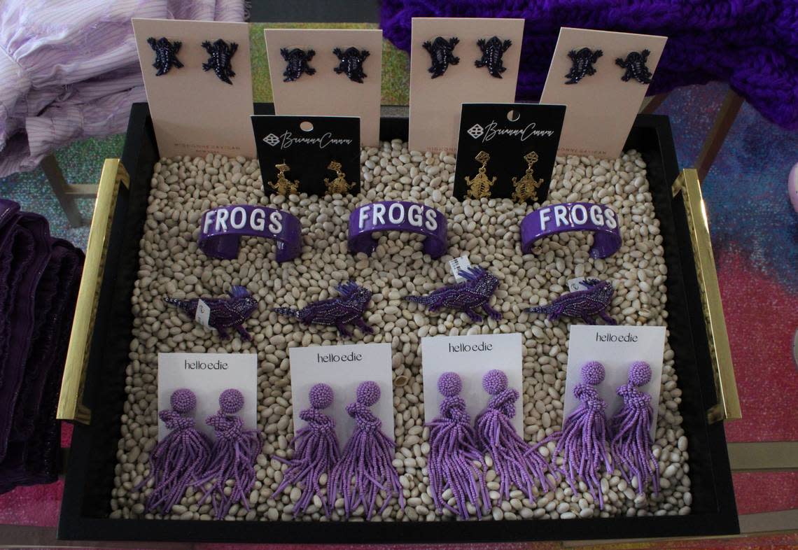 TCU themed earrings at the Color Game store which sells clothing and accessories specifically geared for college game days.