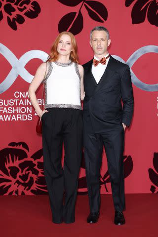 <p> Daniele Venturelli/WireImage</p> Jessica Chastain and Jeremy Strong attend the CNMI Sustainable Fashion Awards 2023 on Sept. 24.
