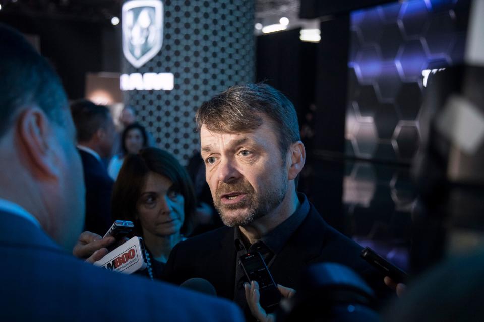 Mike Manley, CEO of FCA speaks to media members during the 2019 North American International Auto Show held at Cobo Center in downtown Detroit on Monday, Jan. 14, 2019.