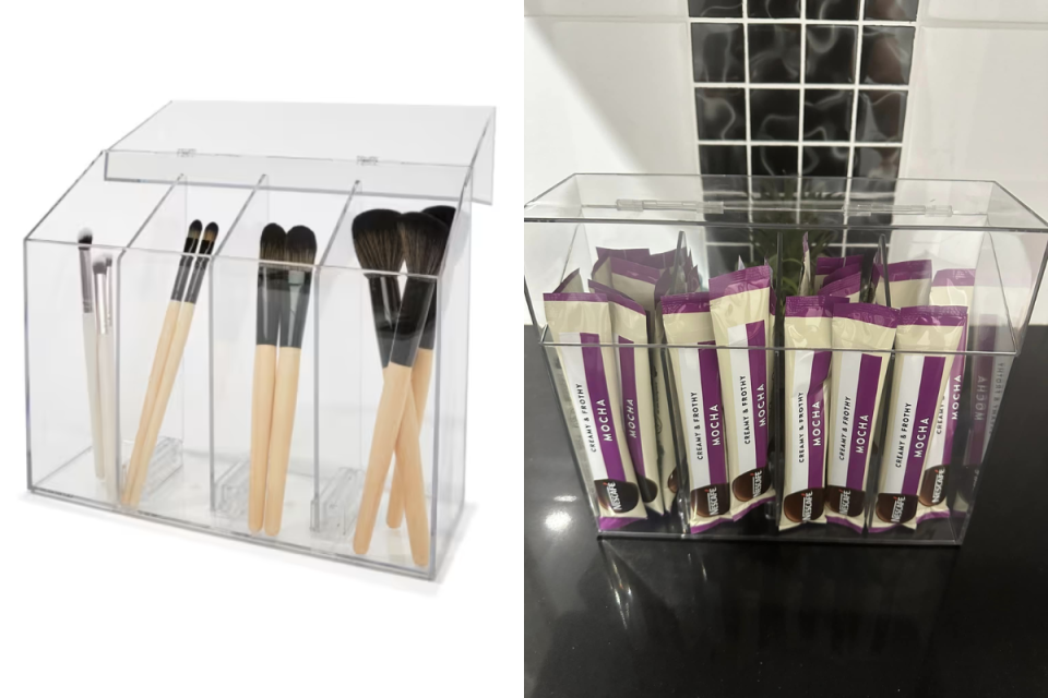 L: Kmart modular container with makeup brushes in it on a white background. R: Kmart modular container with coffee sachets in it