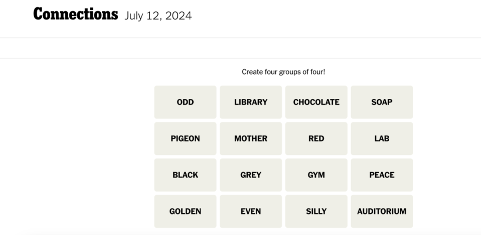 <em>Today's NYT Connections puzzle for Friday, July 12,</em><em> 2024</em><p>New York Times</p>