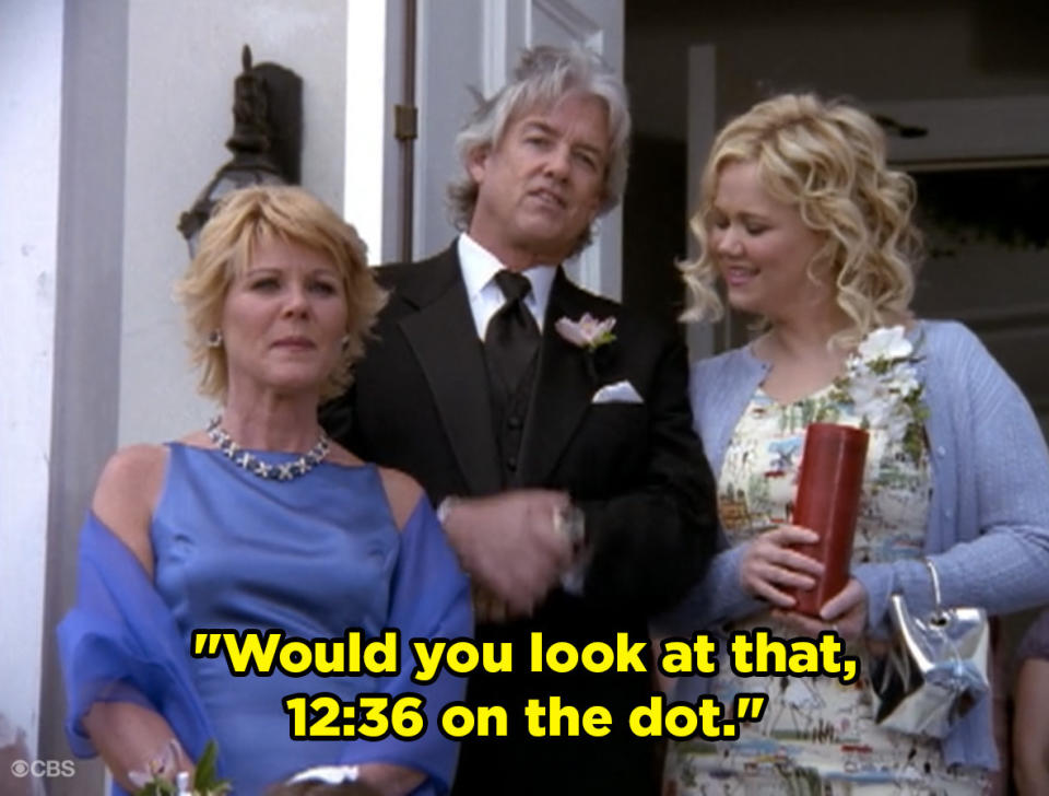 Sabrina's aunts and dad standing outside of a church as her dad says, "would you look at that, 12:36 on the dot"