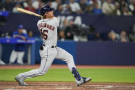 Houston Astros third baseman Grae Kessinger (16) flies out against the Toronto Blue Jays during the third inning of a baseball game in Toronto on Wednesday, June 7, 2023. (Andrew Lahodynskyj/The Canadian Press via AP)