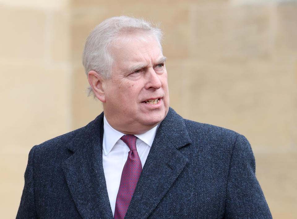 WINDSOR, ENGLAND - FEBRUARY 27: Prince Andrew, Duke of York attends the Thanksgiving Service for King Constantine of the Hellenes at St George's Chapel on February 27, 2024 in Windsor, England. Constantine II, Head of the Royal House of Greece, reigned as the last King of the Hellenes from 6 March 1964 to 1 June 1973, and died in Athens at the age of 82. (Photo by Chris Jackson/Getty Images)