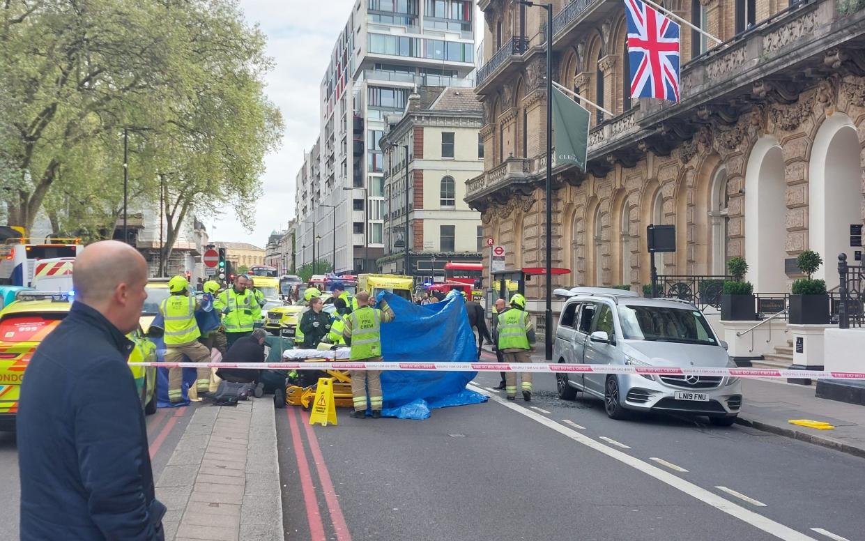 At least one soldier was hurt after a spooked horse smashed into cars outside the Clermont Hotel on Buckingham Palace Road, Victoria