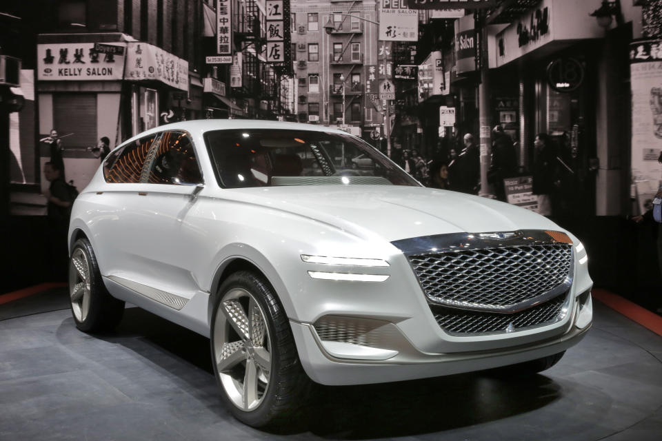 The hydrogen fuel cell Genesis GV80 concept SUV is shown during a media preview at the New York International Auto Show, at the Jacob Javits Center in New York, Thursday, April 13, 2017. (AP Photo/Richard Drew)