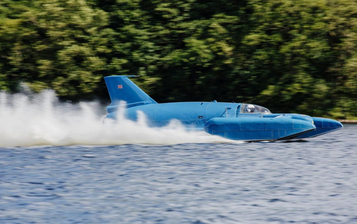 Donald Campbell's restored Bluebird takes to the water of Loch Fad in 2018