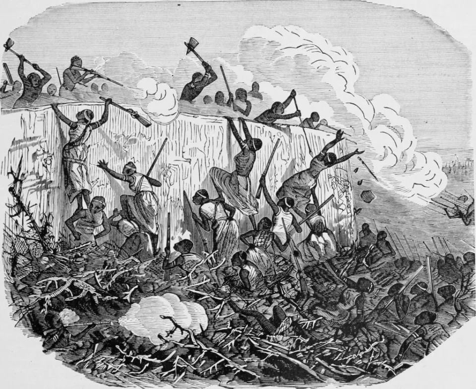 Ilustraci&#xf3;n hecha en 1877 de la batalla de Abeokuta, en el suroeste de la actual Nigeria, que los invasores de Dahomey atacaron en 1851.