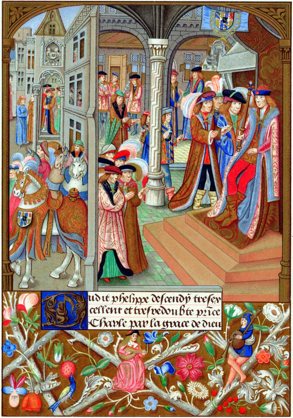 Illuminated manuscript page depicting a medieval scene with multiple figures in elaborate attire engaging in various activities
